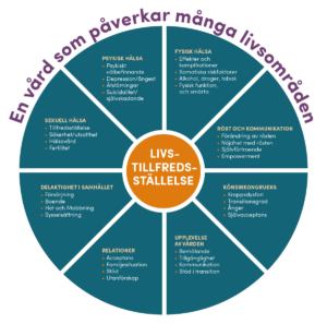 Snurra med åtta fält som beskriver åtta livsområden: Psykisk hälsa, fysisk hälsa, röst och kommunikation, könsinkongruens, upplevelse av vården, relationer, delaktighet i samhället, samt sexuell hälsa. Under bilden listas de punkter som finns listade på bilden för respektive område.