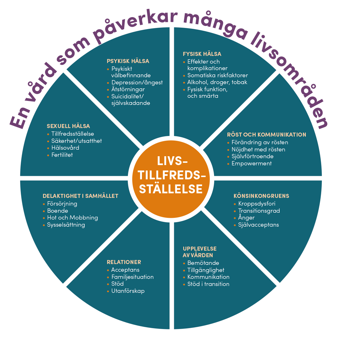 Snurra med åtta fält som beskriver åtta livsområden: Psykisk hälsa, fysisk hälsa, röst och kommunikation, könsinkongruens, upplevelse av vården, relationer, delaktighet i samhället, samt sexuell hälsa. Under bilden listas de punkter som finns listade på bilden för respektive område.